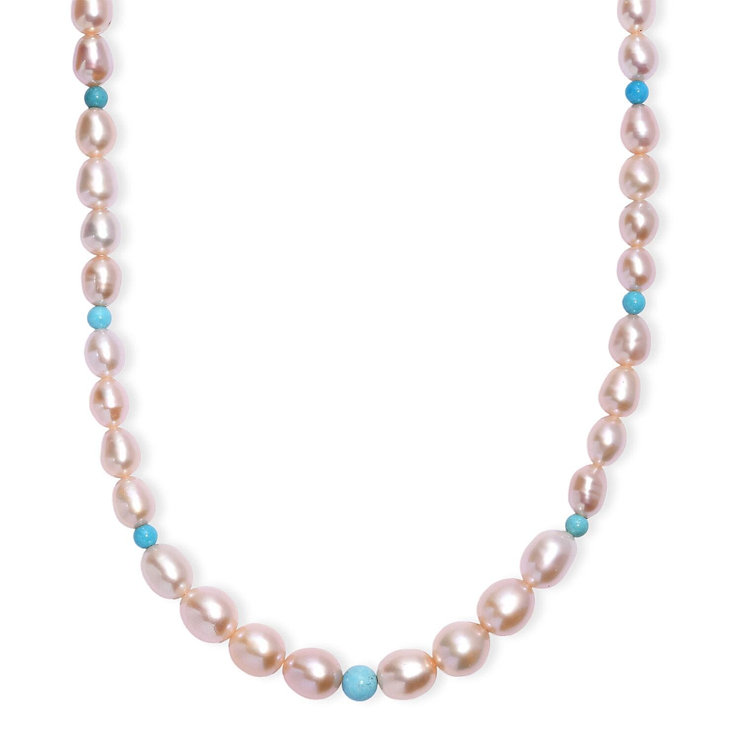 shop lc Pink Freshwater Pearl and Sleeping Beauty Turquoise 2.70 ctw Necklace in Rhodium Over Sterling Silver 18 Inches