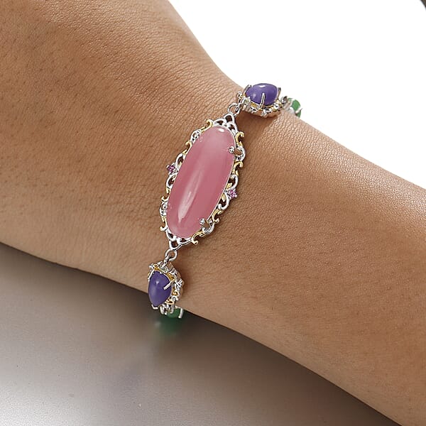 Shop Lc Pink Jade(D) And Multi Gemstones 31.70 Ctw Royal Garden Bracelet In Rhodium And 18K Vermeil Yellow Gold Over Sterling Sliver (7.25 In)