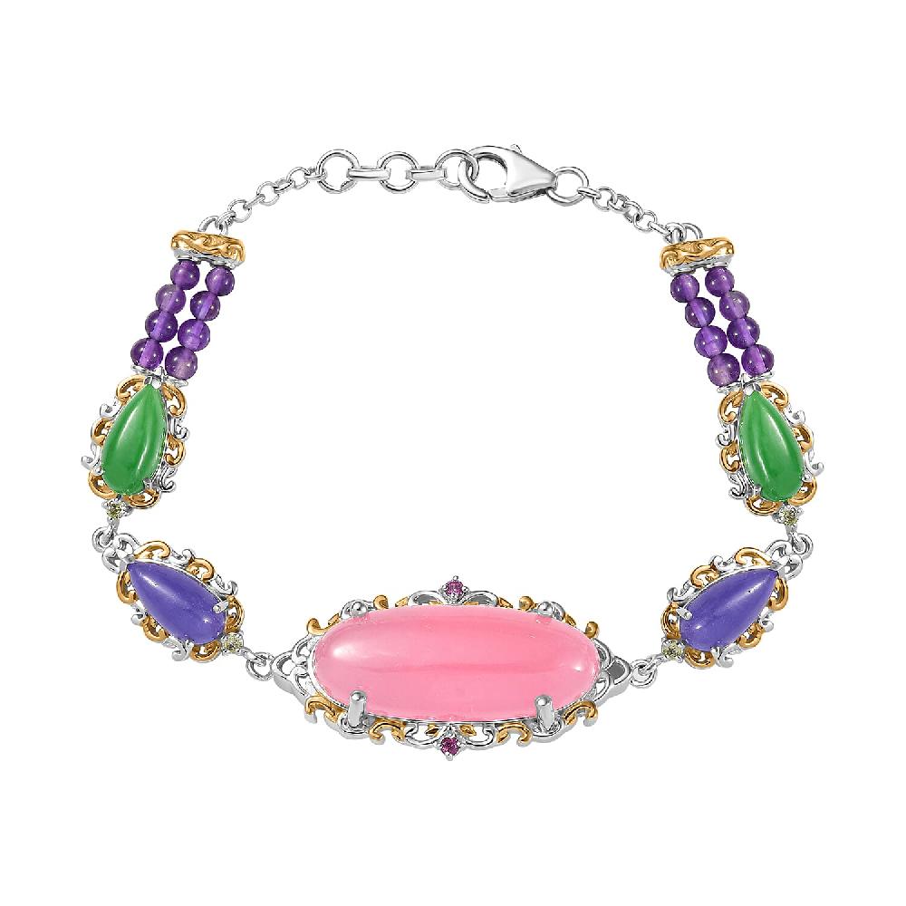 shop lc Pink Jade(D) and Multi Gemstones 31.70 ctw Royal Garden Bracelet in Rhodium and 18K Vermeil Yellow Gold Over Sterling Sliver (7.25 In)