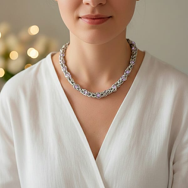 Shop Lc Pink Magic Color Glass Interlock Weave Chain Necklace In Stainless Steel (20-22 Inches)