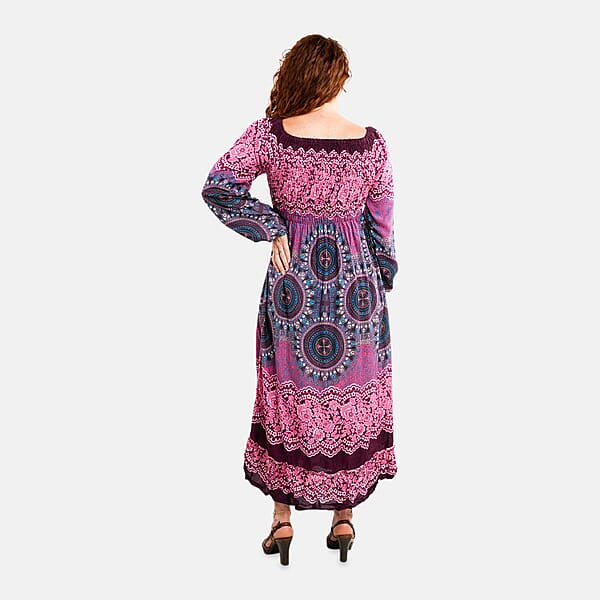 Shop Lc Pink Mandala Long Sleeve Smocked Maxi Dress - One Size Fits Most