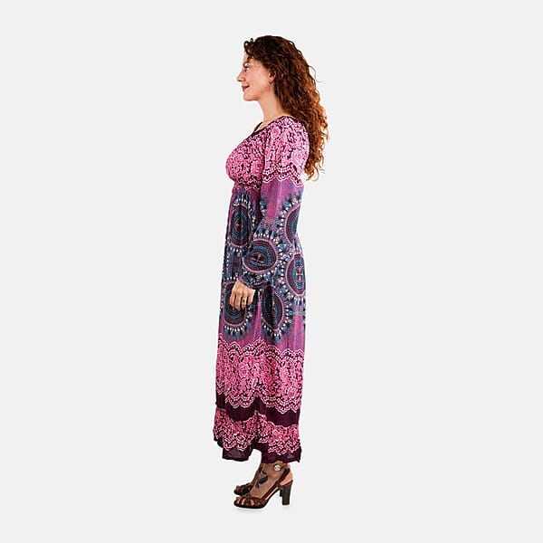Shop Lc Pink Mandala Long Sleeve Smocked Maxi Dress - One Size Fits Most