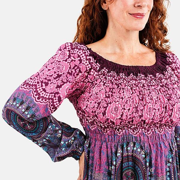 Shop Lc Pink Mandala Long Sleeve Smocked Maxi Dress - One Size Fits Most