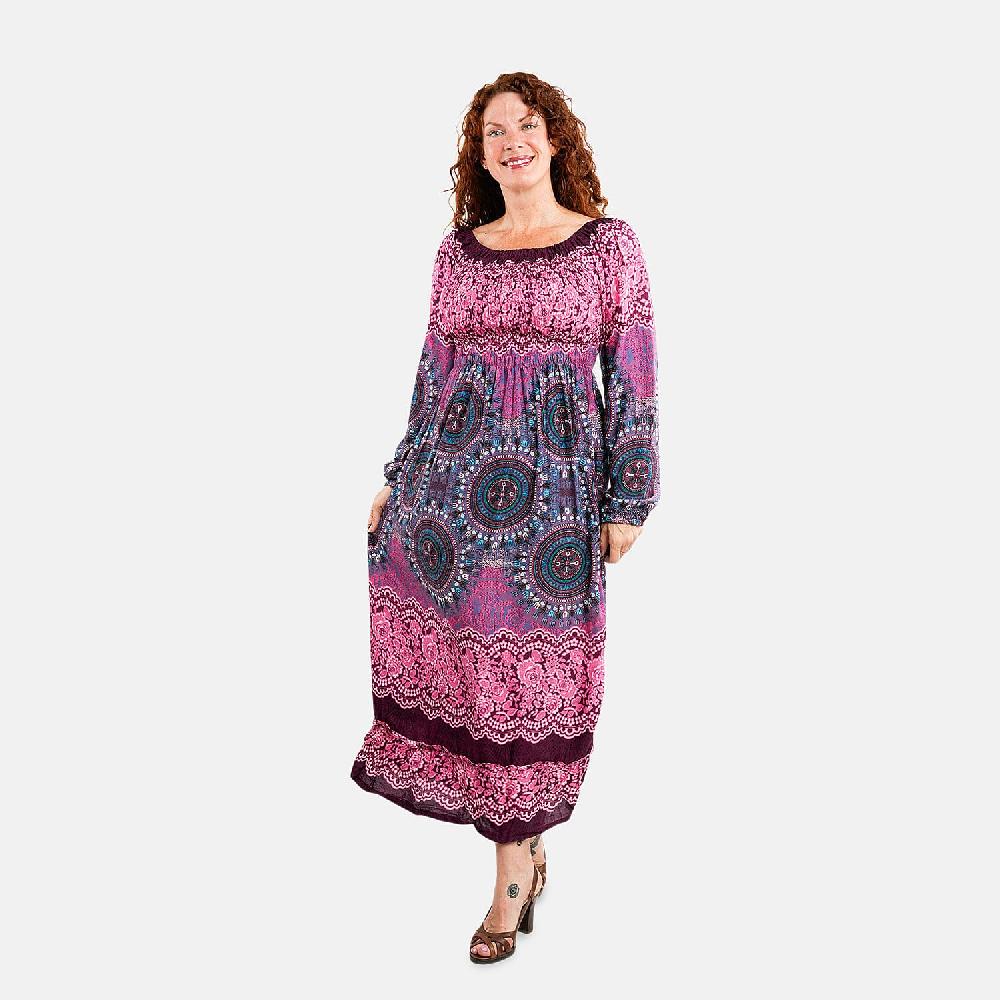 shop lc Pink Mandala Long Sleeve Smocked Maxi Dress - One Size Fits Most