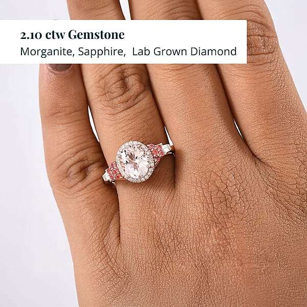 Shop Lc Pink Morganite Padparadscha Sapphire Luxuriant Lab Grown Diamond 2.10 Ctw Regal Crest Ring In 18K Vermeil Rose Gold Over Sterling Silver