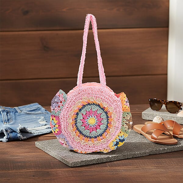 Shop Lc Pink Woven Bohemian Circle Pattern Paper Straw Tote Bag