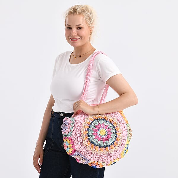 Shop Lc Pink Woven Bohemian Circle Pattern Paper Straw Tote Bag