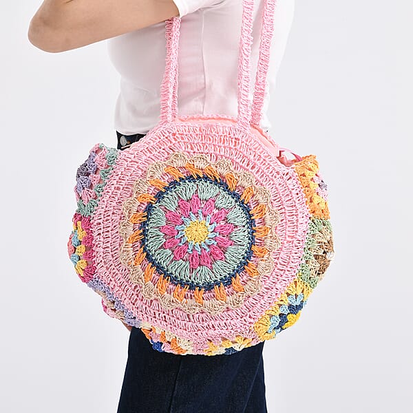 Shop Lc Pink Woven Bohemian Circle Pattern Paper Straw Tote Bag