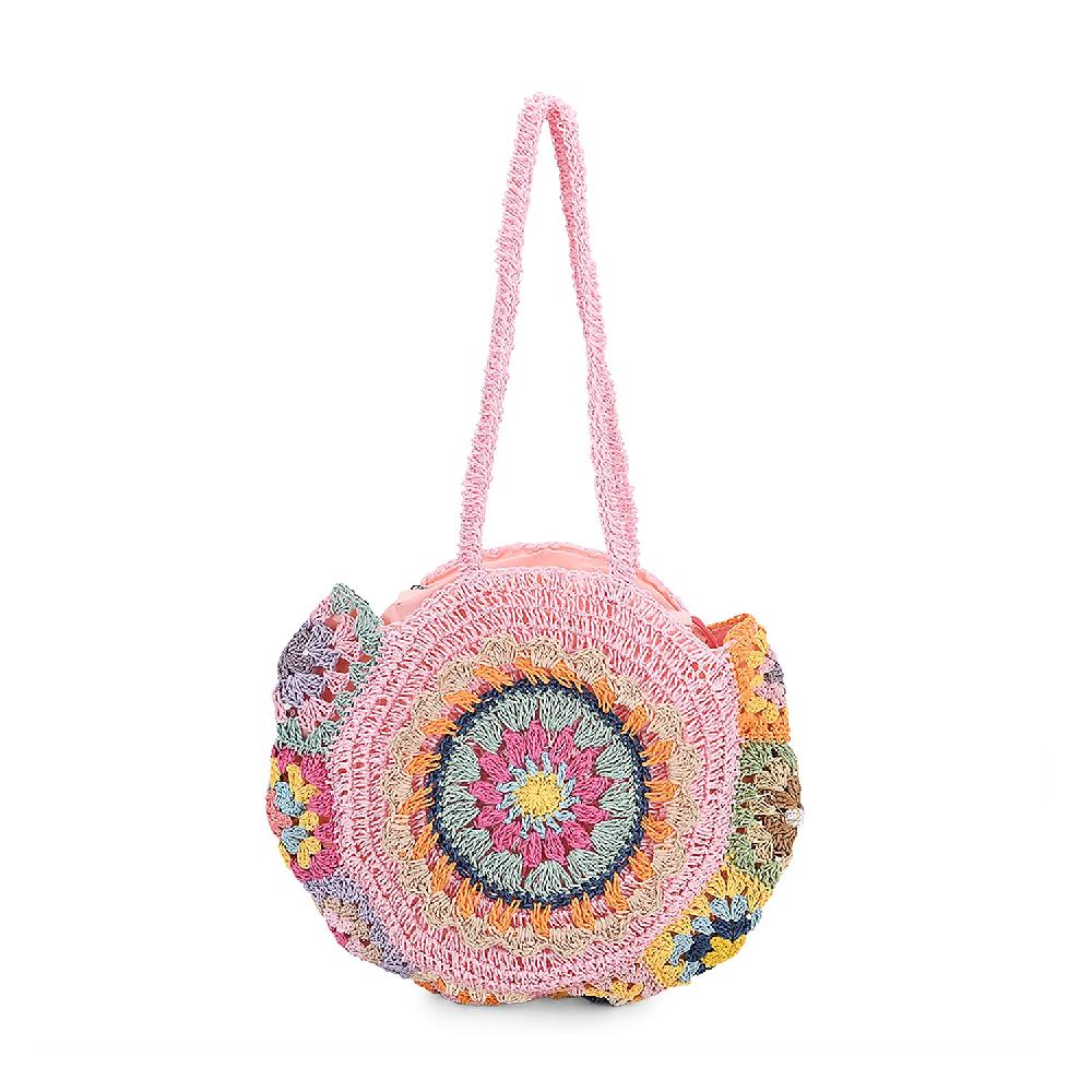 shop lc Pink Woven Bohemian Circle Pattern Paper Straw Tote Bag