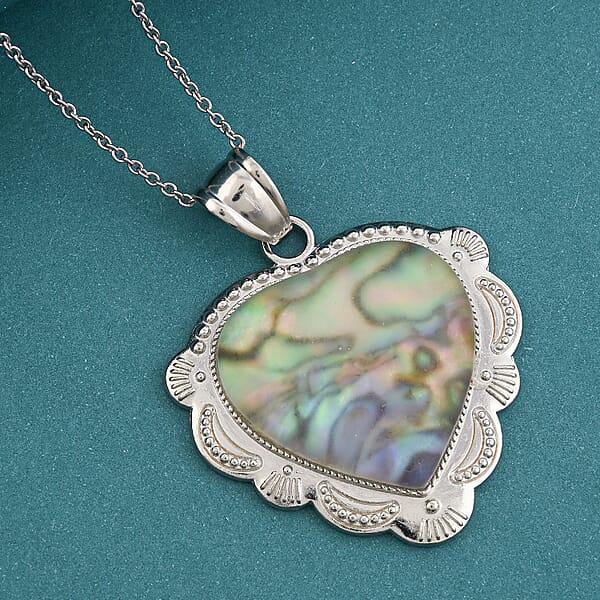 Shop Lc Plain Inlay Frame Heart Hand Cut Sea Opal 32.00 Ctw Pendant In Silvertone With Stainless Steel Necklace 20 Inches