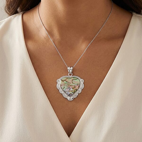 Shop Lc Plain Inlay Frame Heart Hand Cut Sea Opal 32.00 Ctw Pendant In Silvertone With Stainless Steel Necklace 20 Inches