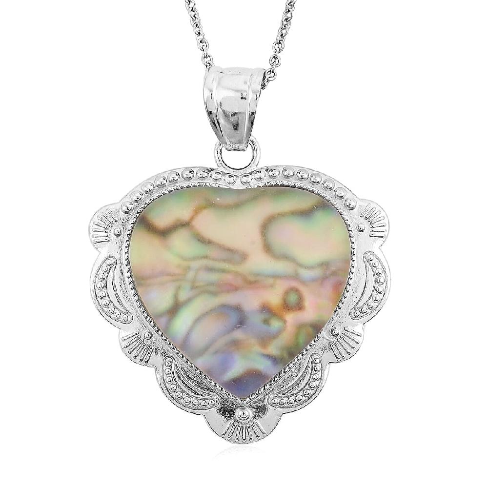 shop lc Plain Inlay Frame Heart Hand Cut Sea Opal 32.00 ctw Pendant in Silvertone with Stainless Steel Necklace 20 Inches