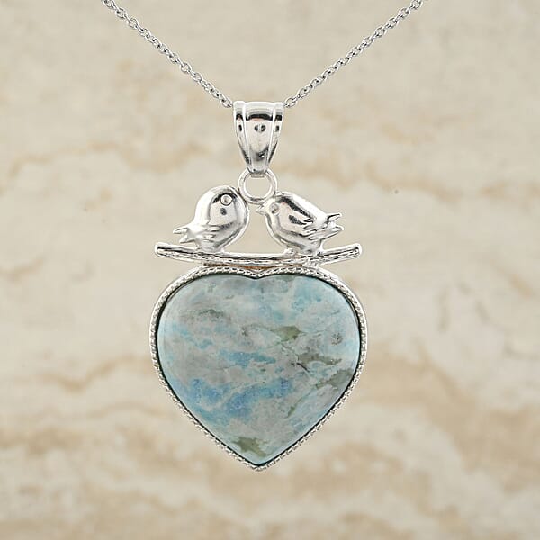Shop Lc Plain Love-Bird Heart Turquoise Jasper 51.00 Ctw Pendant In Silvertone With Stainless Steel Necklace (20 Inches)