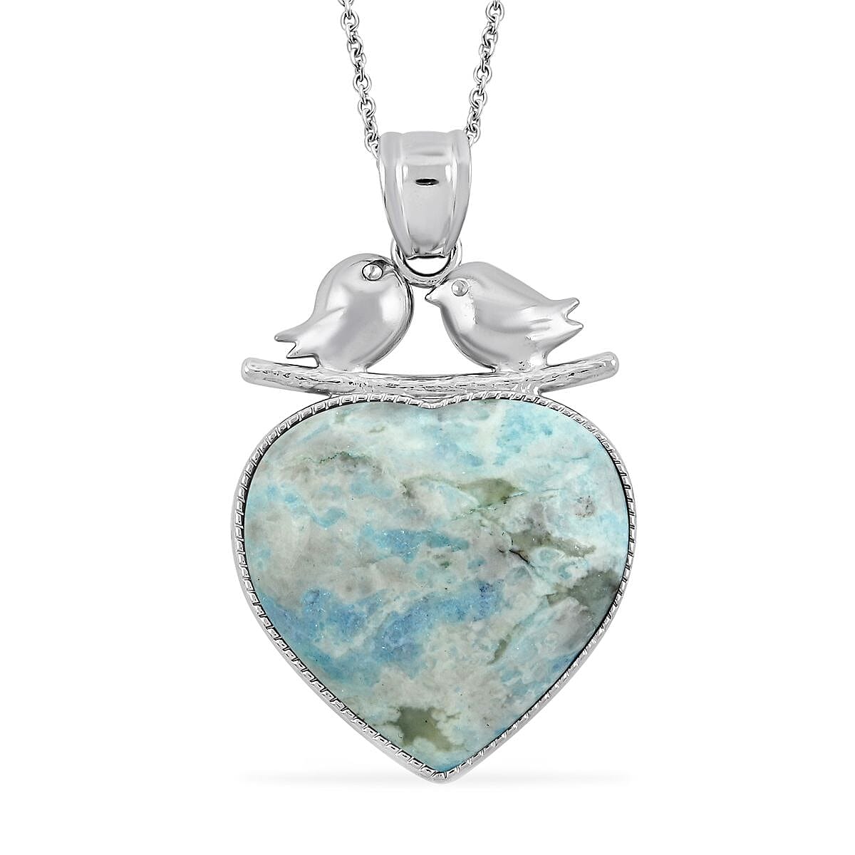 shop lc Plain Love-Bird Heart Turquoise Jasper 51.00 ctw Pendant in Silvertone with Stainless Steel Necklace (20 Inches)