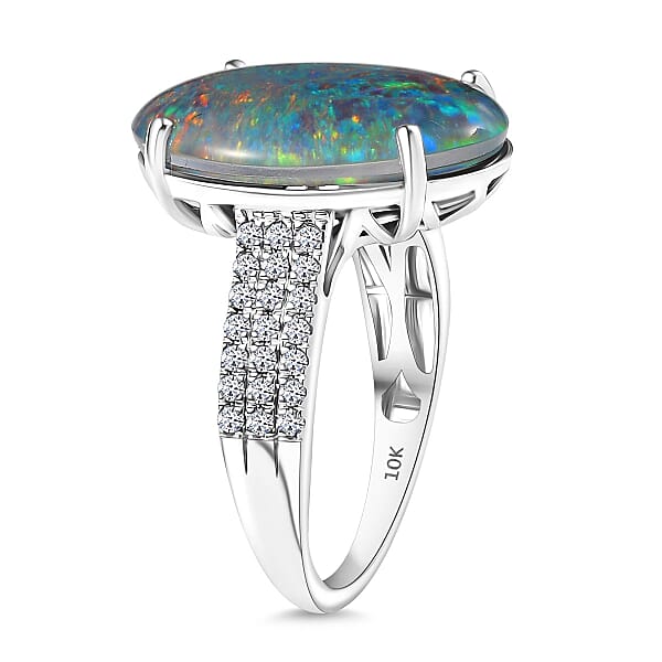 Shop Lc Premium Australian Black Ridge Opal Triplet And G-H SI Luxuriant Lab Grown Diamond 6.67 Ctw Ring In 10K White Gold