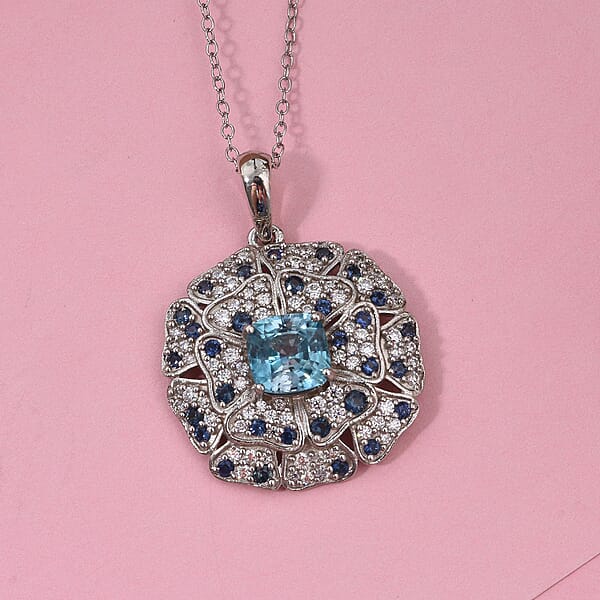 Shop Lc Premium Cambodian Blue Zircon And Multi Gemstone 4.15 Ctw Floral Pendant Necklace In Rhodium Over Sterling Silver 20 Inches