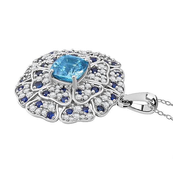 Shop Lc Premium Cambodian Blue Zircon And Multi Gemstone 4.15 Ctw Floral Pendant Necklace In Rhodium Over Sterling Silver 20 Inches
