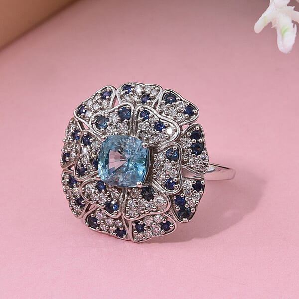 Shop Lc Premium Cambodian Blue Zircon And Multi Gemstone 4.10 Ctw Ring In Rhodium Over Sterling Silver