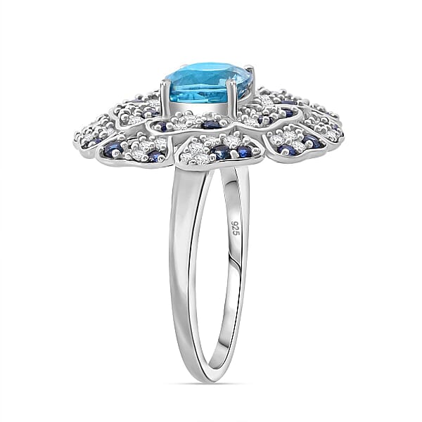 Shop Lc Premium Cambodian Blue Zircon And Multi Gemstone 4.10 Ctw Ring In Rhodium Over Sterling Silver