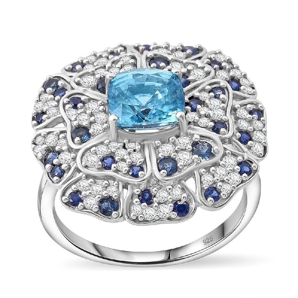 shop lc Premium Cambodian Blue Zircon and Multi Gemstone 4.10 ctw Ring in Rhodium Over Sterling Silver