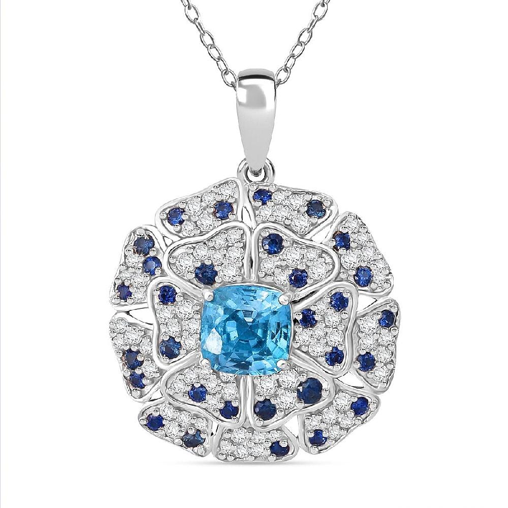 shop lc Premium Cambodian Blue Zircon and Multi Gemstone 4.15 ctw Floral Pendant Necklace in Rhodium Over Sterling Silver 20 Inches