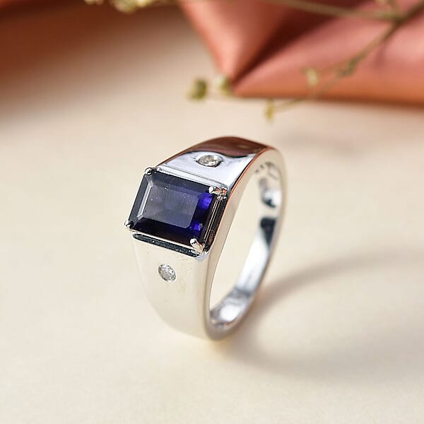 Shop Lc Premium Catalina Iolite And Luxuriant Lab Grown Diamond G-H SI 2.00 Ctw Men's Ring In Rhodium Over Sterling Silver