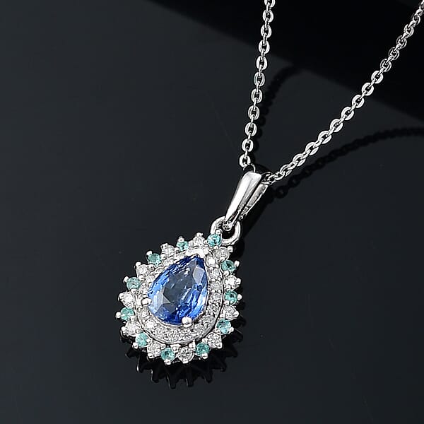 Shop Lc Premium Ceylon Blue Sapphire AAA Paraiba Tourmaline And Diamond 1.17 Ctw Pendant Necklace In Rhodium Over Sterling Silver 20 Inches