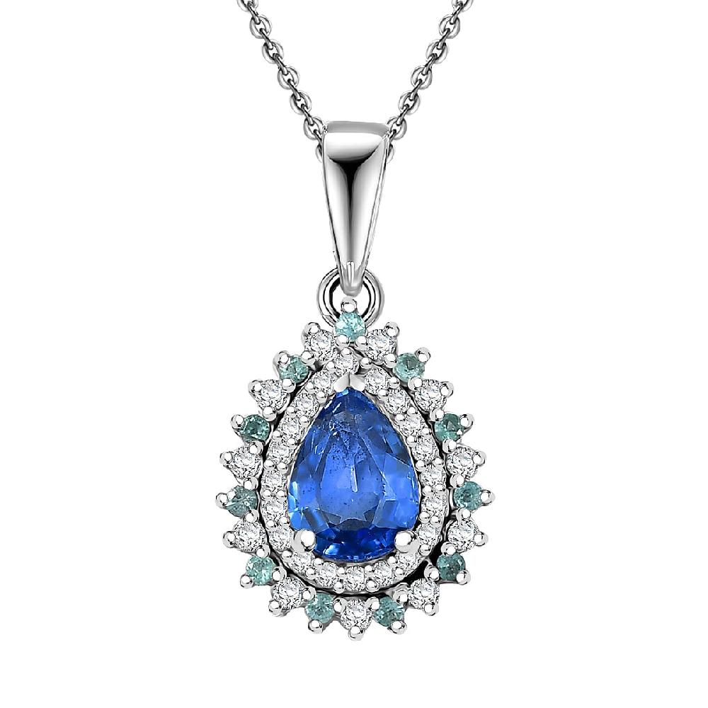 shop lc Premium Ceylon Blue Sapphire AAA Paraiba Tourmaline and Diamond 1.17 ctw Pendant Necklace in Rhodium Over Sterling Silver 20 Inches