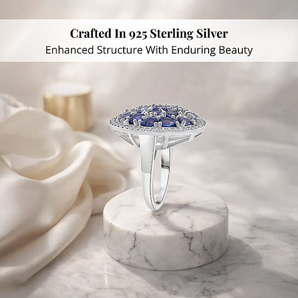 Shop Lc Premium Ceylon Blue Sapphire And Moissanite 4.50 Ctw Royal Tides Ring In Rhodium Over Sterling Silver