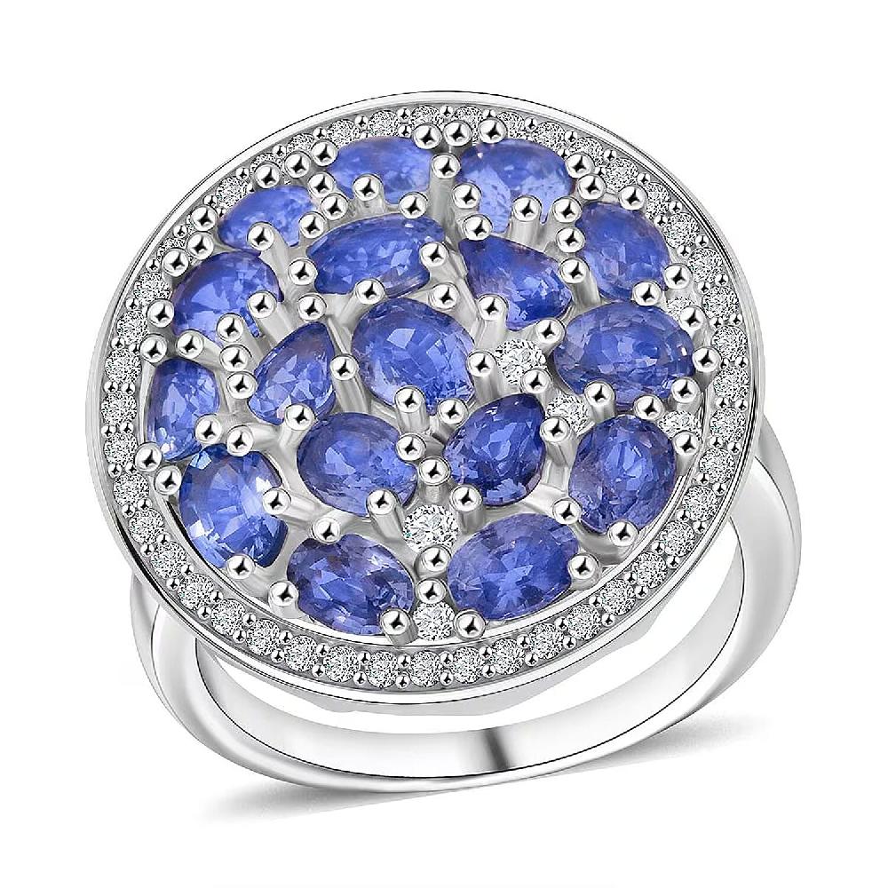 shop lc Premium Ceylon Blue Sapphire and Moissanite 4.50 ctw Royal Tides Ring in Rhodium Over Sterling Silver