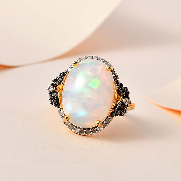 Shop Lc Premium Ethiopian Welo Opal And Natural Champagne And White Diamond Butterfly Ring In Vermeil YG Over Sterling Silver 6.00 Ctw