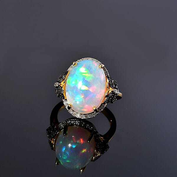 Shop Lc Premium Ethiopian Welo Opal And Natural Champagne And White Diamond Butterfly Ring In Vermeil YG Over Sterling Silver 6.00 Ctw