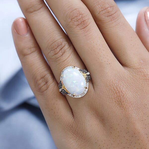 Shop Lc Premium Ethiopian Welo Opal And Natural Champagne And White Diamond Butterfly Ring In Vermeil YG Over Sterling Silver 6.00 Ctw
