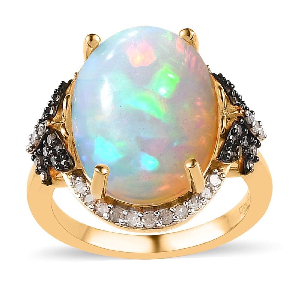 shop lc Premium Ethiopian Welo Opal and Natural Champagne and White Diamond Butterfly Ring in Vermeil YG Over Sterling Silver 6.00 ctw