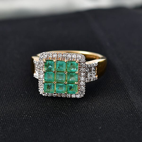 Shop Lc Premium Kagem Zambian Emerald And Luxuriant Lab Grown Diamond G-H SI 1.85 Ctw Grid Mosaic Ring In 18K Vermeil Yellow Gold Over Sterling Silver