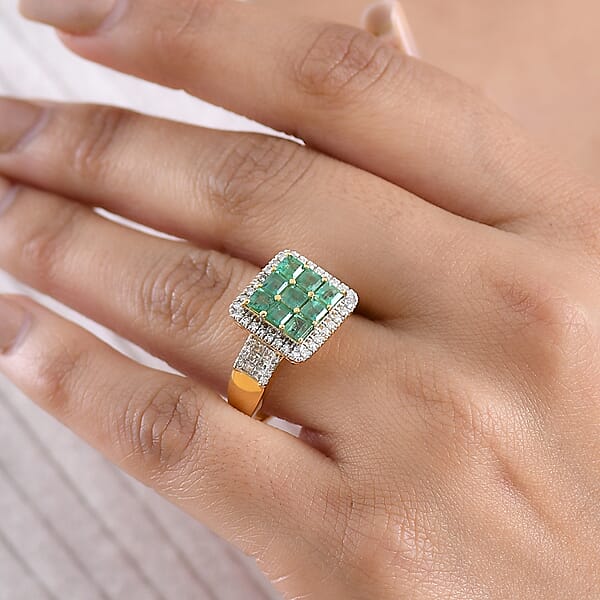 Shop Lc Premium Kagem Zambian Emerald And Luxuriant Lab Grown Diamond G-H SI 1.85 Ctw Grid Mosaic Ring In 18K Vermeil Yellow Gold Over Sterling Silver