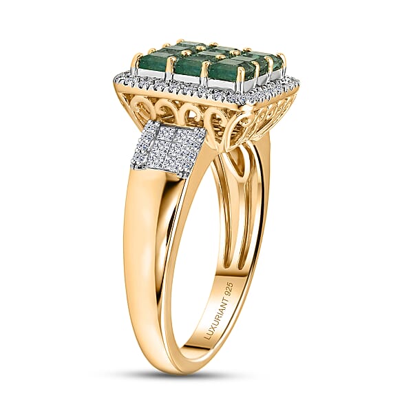 Shop Lc Premium Kagem Zambian Emerald And Luxuriant Lab Grown Diamond G-H SI 1.85 Ctw Grid Mosaic Ring In 18K Vermeil Yellow Gold Over Sterling Silver