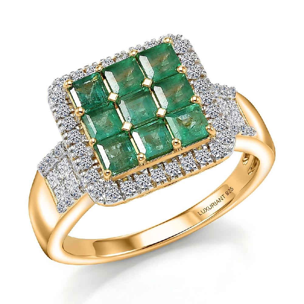 shop lc Premium Kagem Zambian Emerald and Luxuriant Lab Grown Diamond G-H SI 1.85 ctw Grid Mosaic Ring in 18K Vermeil Yellow Gold Over Sterling Silver