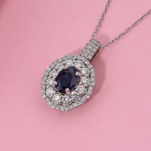 Shop Lc Premium Kanchanaburi Blue Sapphire And Luxuriant Lab Grown Diamond SI 1.65 Ctw Crown Radiance Pendant Necklace In 10K White Gold 18 Inches