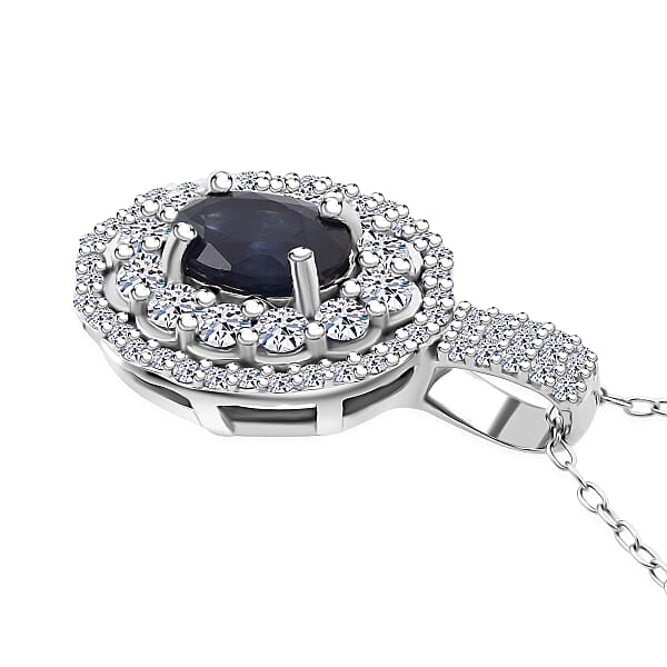 Shop Lc Premium Kanchanaburi Blue Sapphire And Luxuriant Lab Grown Diamond SI 1.65 Ctw Crown Radiance Pendant Necklace In 10K White Gold 18 Inches