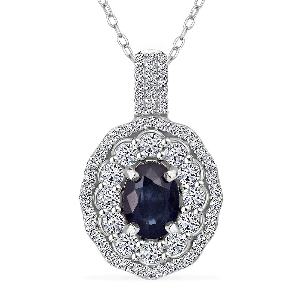 shop lc Premium Kanchanaburi Blue Sapphire and Luxuriant Lab Grown Diamond SI 1.65 ctw Crown Radiance Pendant Necklace in 10K White Gold 18 Inches