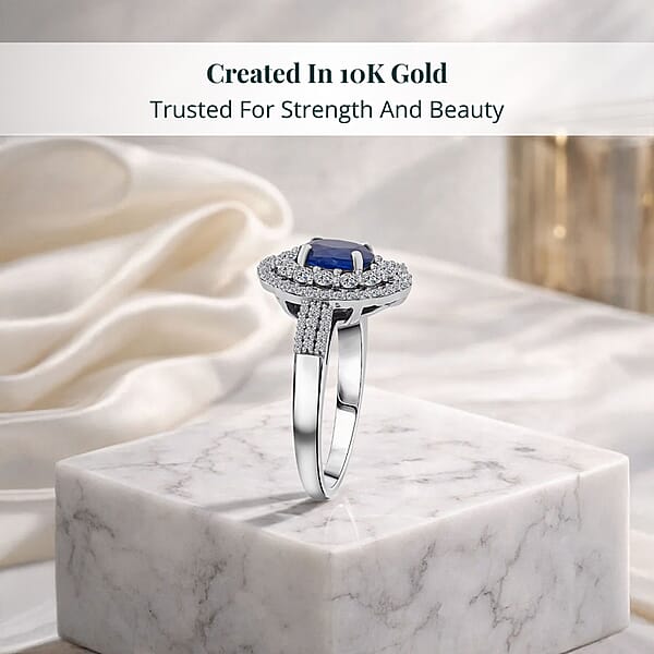 Shop Lc Premium Kanchanaburi Blue Sapphire And SI Luxuriant Lab Grown Diamond 1.65 Ctw Crown Radiance Ring In 10K White Gold