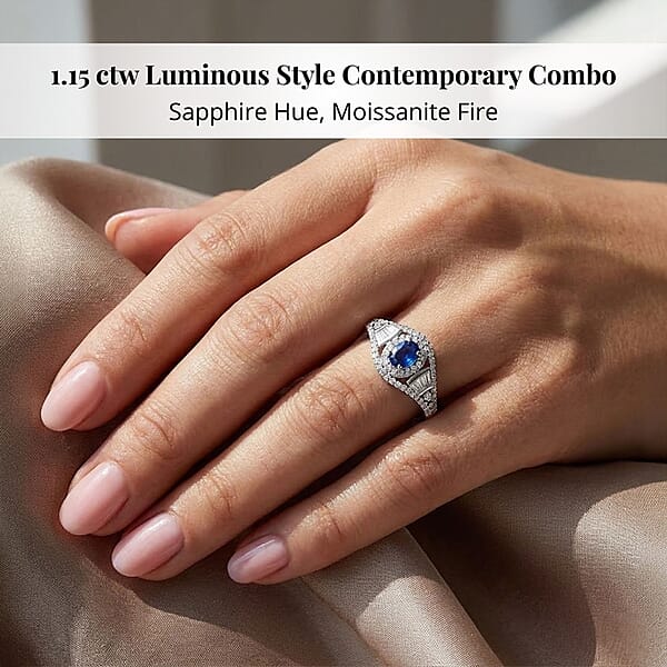 Shop Lc Premium Kanchanaburi Blue Sapphire Moissanite Ring In Rhodium Over Sterling Silver 1.15 Ctw