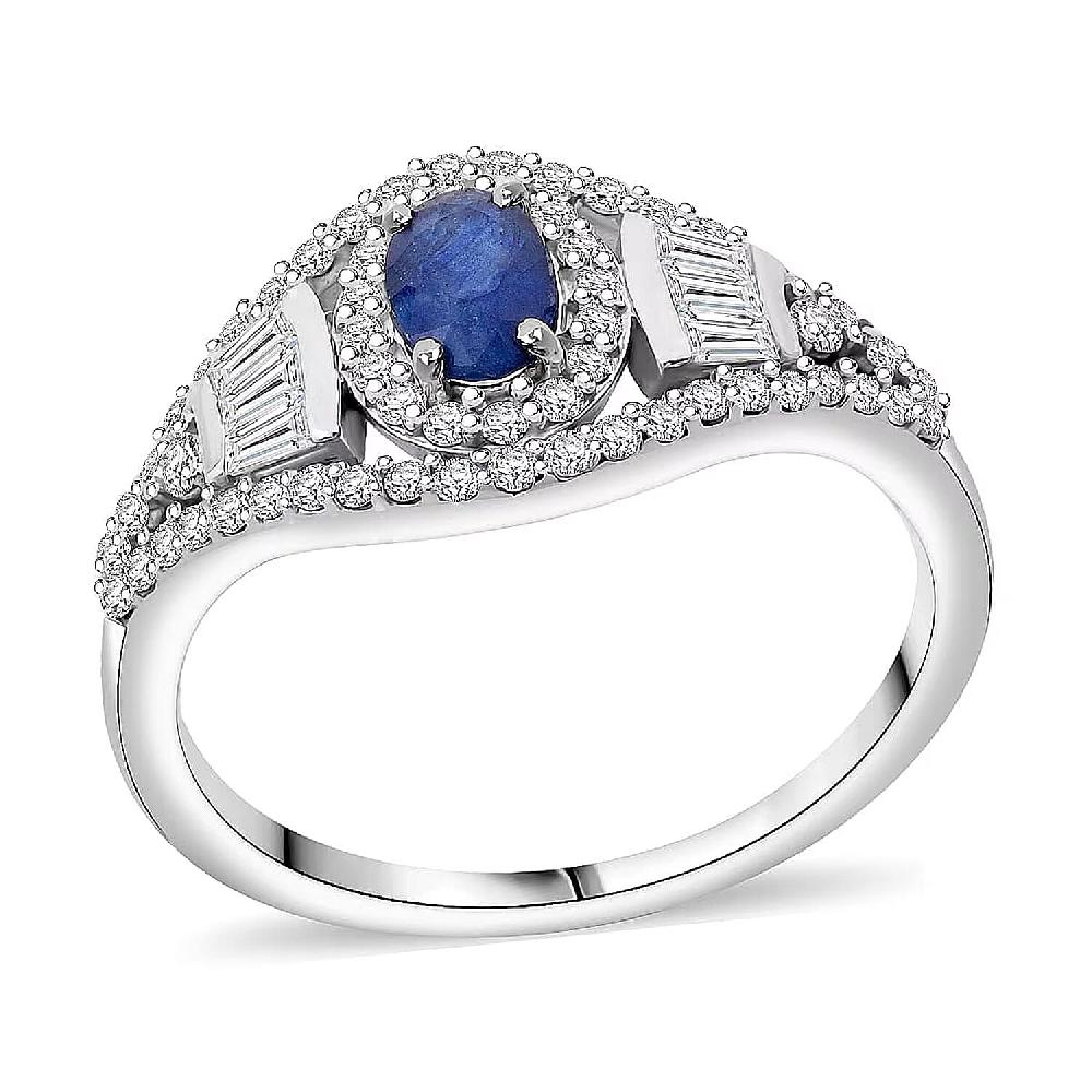 shop lc Premium Kanchanaburi Blue Sapphire Moissanite Ring in Rhodium Over Sterling Silver 1.15 ctw