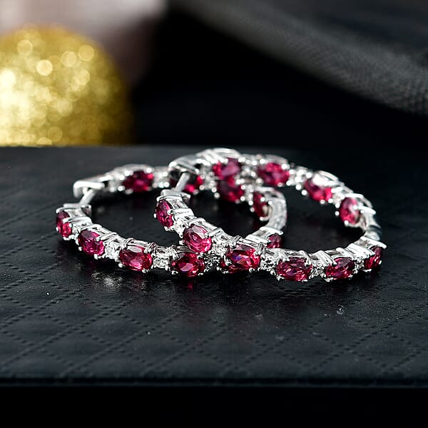Shop Lc Premium Malawi Magenta Garnet And Luxuriant Lab Grown Diamond G-H SI 4.90 Ctw Moonlit Spark Earrings In Rhodium Over Sterling Silver