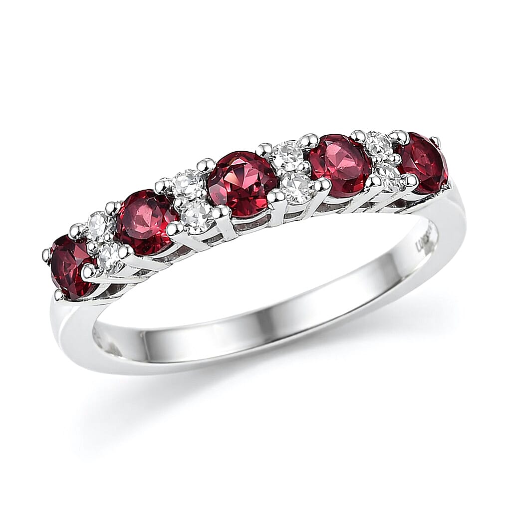 shop lc Premium Malawi Magenta Garnet and Luxuriant Lab Grown Diamond G-H SI 0.90 ctw Moonlit Spark Ring in Rhodium Over Sterling Silver