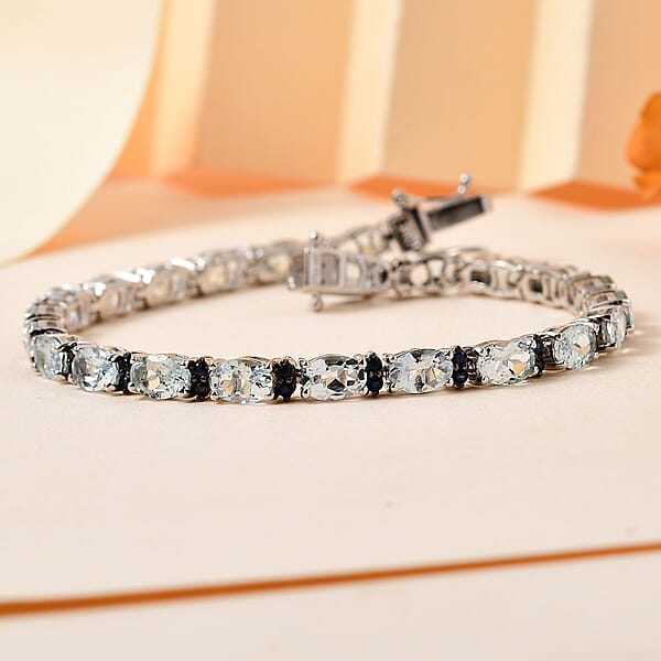 Shop Lc Premium Mangoro Aquamarine And Kanchanaburi Blue Sapphire Tennis Bracelet In Platinum Over Sterling Silver (7.25 In) 10.65 Ctw