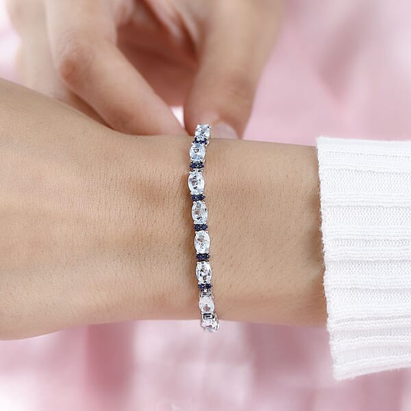 Shop Lc Premium Mangoro Aquamarine And Kanchanaburi Blue Sapphire Tennis Bracelet In Platinum Over Sterling Silver (7.25 In) 10.65 Ctw