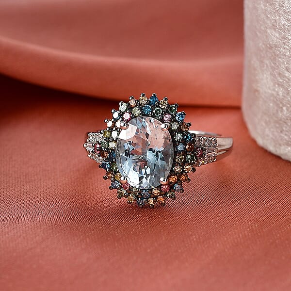 Shop Lc Premium Mangoro Aquamarine And Luxuriant Lab Grown Multi Diamond SI 2.75 Ctw Floral Fiesta Ring In Rhodium Over Sterling Silver (Del. In 5-7 Days)