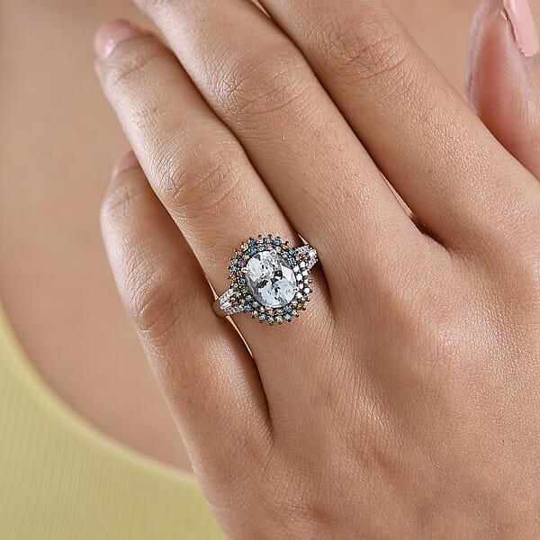 Shop Lc Premium Mangoro Aquamarine And Luxuriant Lab Grown Multi Diamond SI 2.75 Ctw Floral Fiesta Ring In Rhodium Over Sterling Silver (Del. In 5-7 Days)